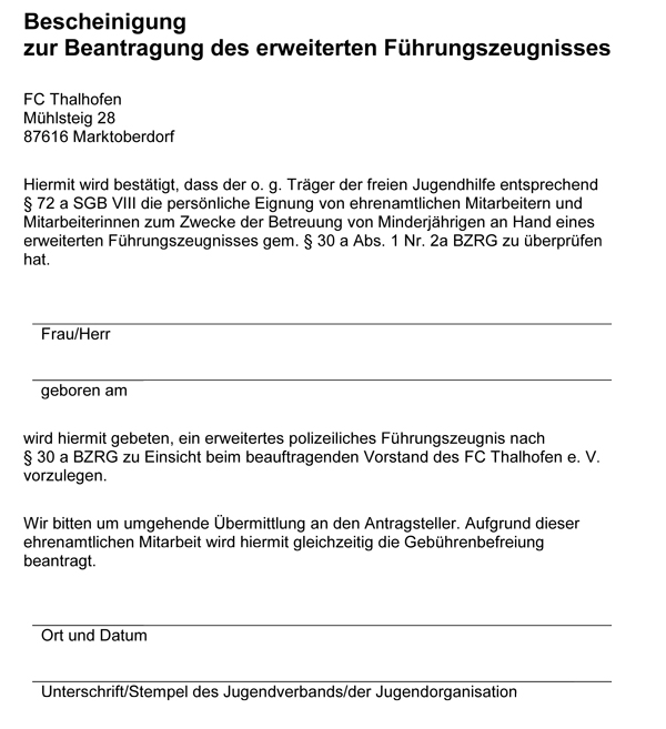 Bescheinigung erweitertes Fuehrungszeugnis